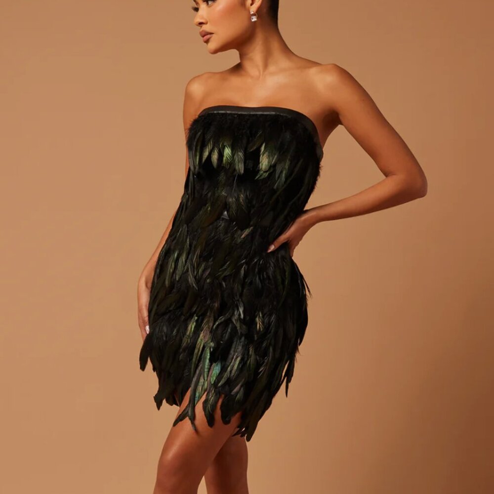 Shayna Feather Mini Dress - Black Fashion Nova